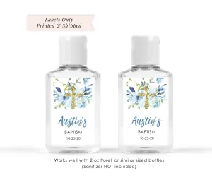 Baptism Hand Sanitizer Favor Labels 2oz   Hand Sanitizer Labels Boy Baptism Christening Favor Blue Floral Gold Cross - Set of 20 Labels