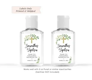 Baptism Hand Sanitizer Favor Labels 2oz Hand Sanitizer Labels Greenery Leaves Gold Cross Christening Favor - Set of 20 Labels