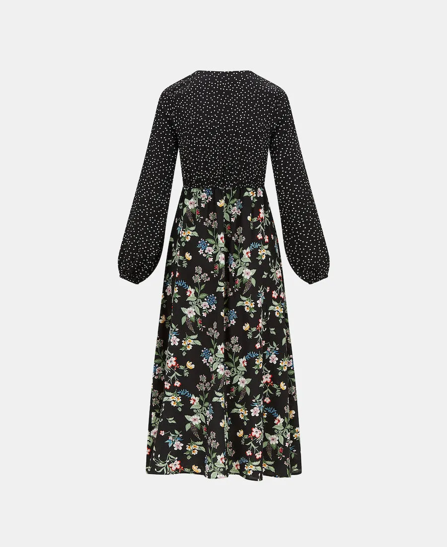 Black Floral Long Sleeve Midi Dress