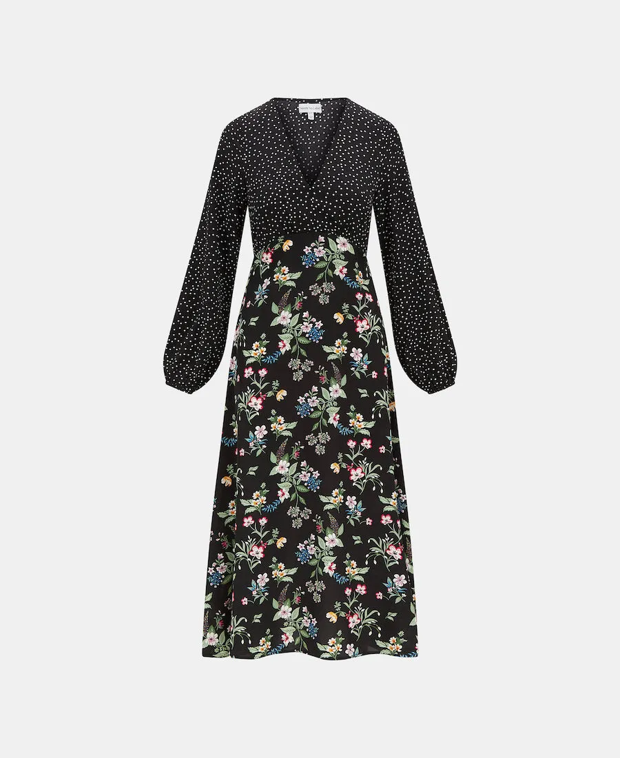 Black Floral Long Sleeve Midi Dress