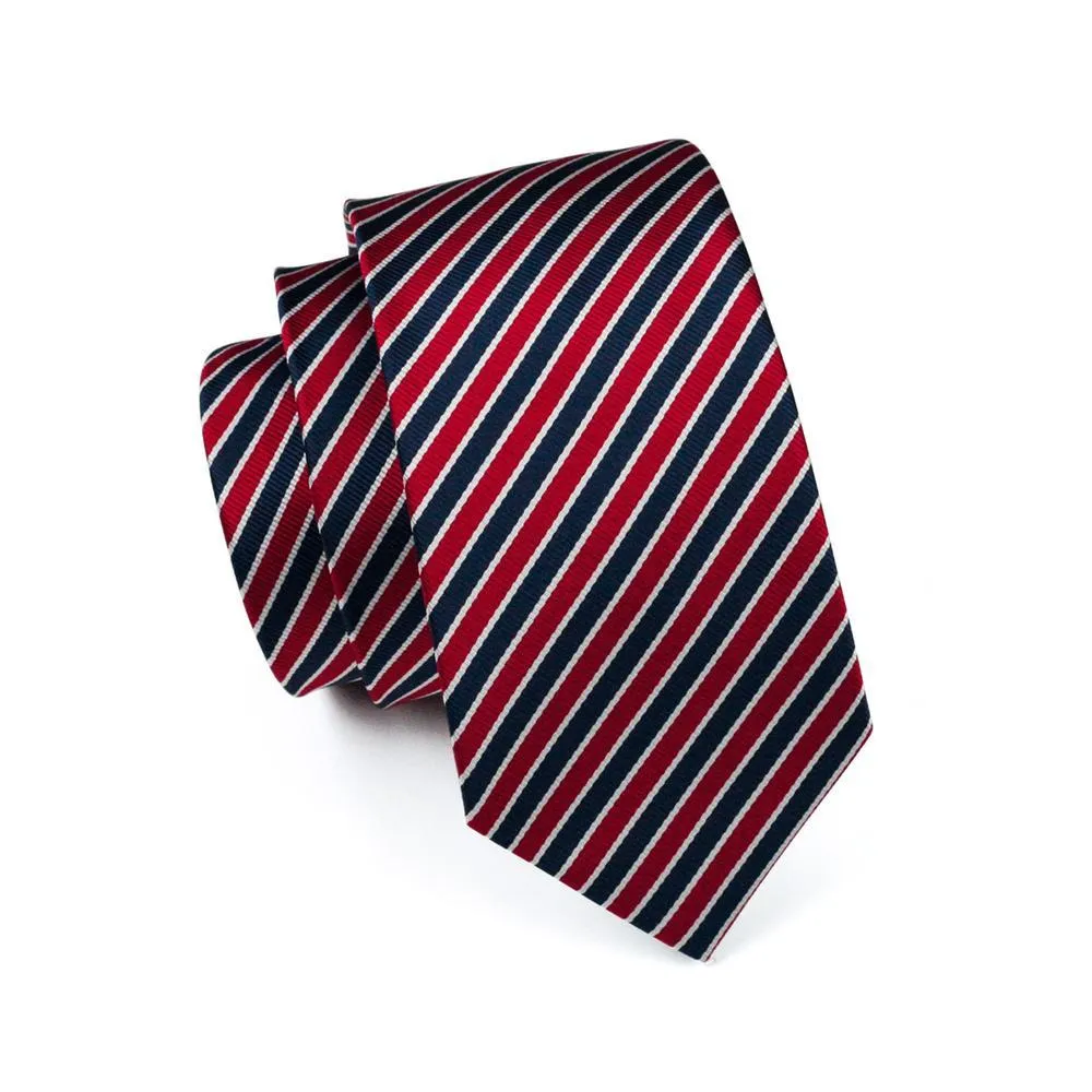 Classic Blue Red Striped Silk Men's Tie Pocket Square Cufflinks Gift Box Set