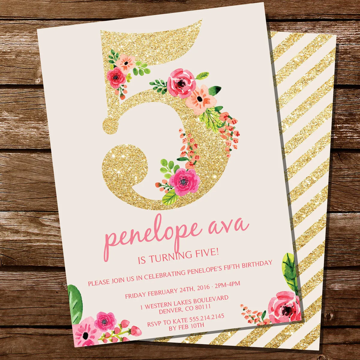 Fifth Birthday Party Invitation For A Girl | Gold Glitter Floral Watercolor