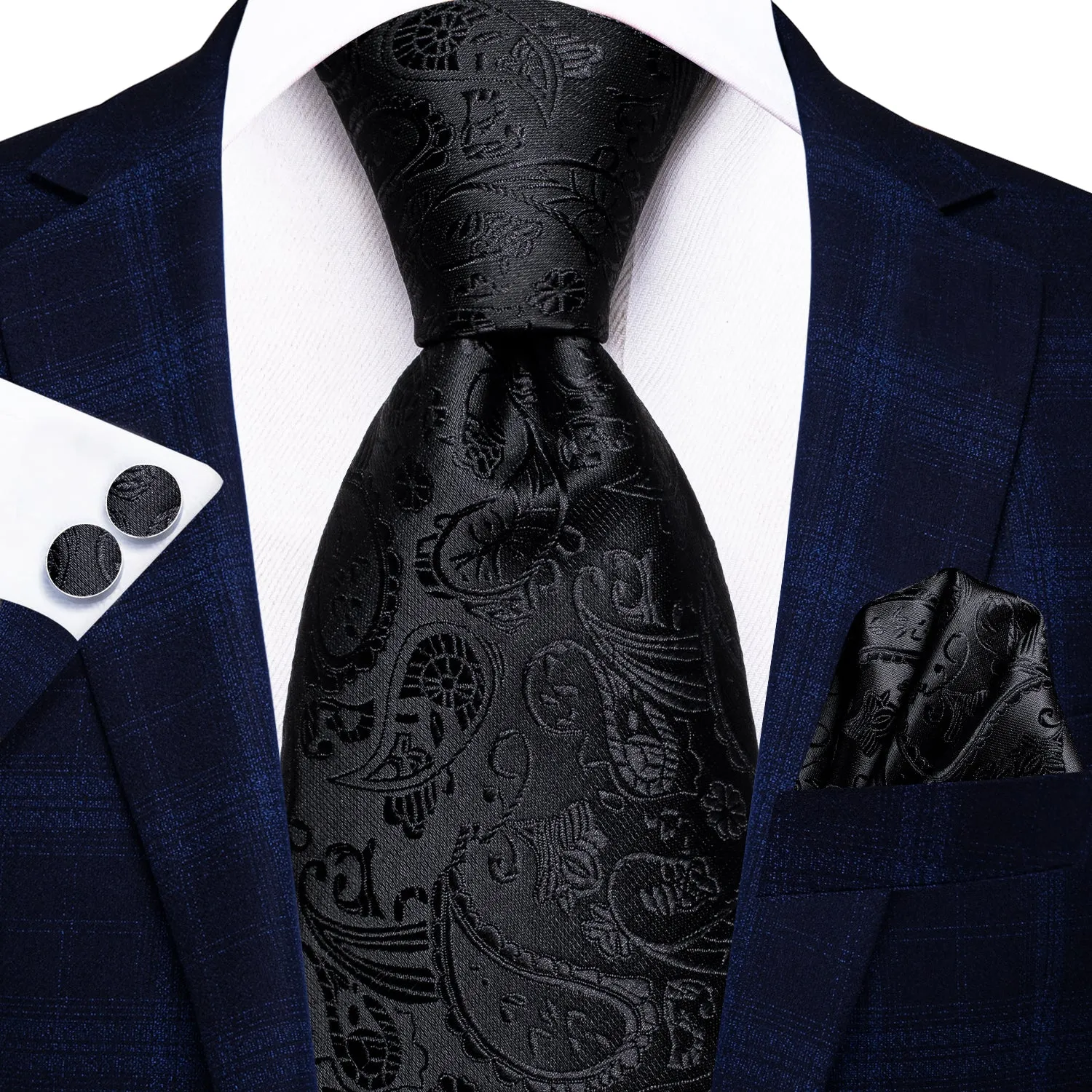 Hi-Tie Black Paisley 67 Inch Extra Long Tie Handkerchief Cufflinks Set