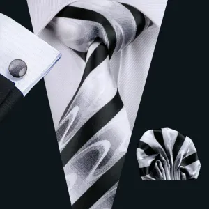 Hi-Tie Black White Wave Striped Silk Men's Tie Pocket Square Cufflinks Set