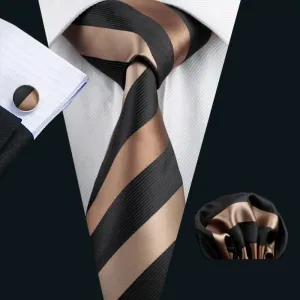 Hi-Tie Brown Black Striped Silk 63" Extra Long Tie Hanky Cufflinks Set