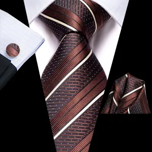 Hi-Tie Brown tie Brown White Striped Tie Pocket Square Cufflinks Set