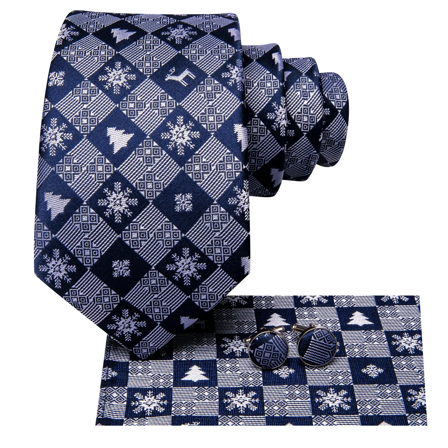 Hi-Tie Christmas Blue White Men's Neck Tie Pocket Square Cufflinks Set