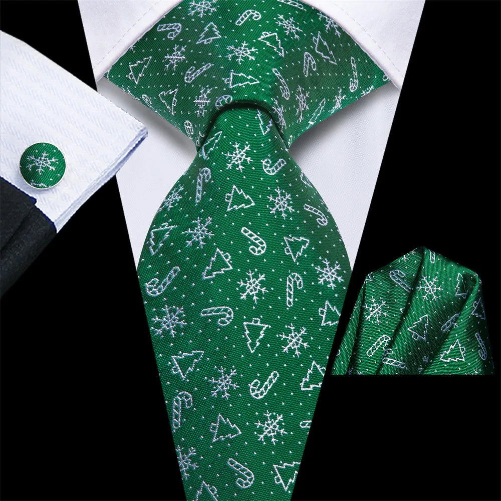 Hi-Tie Christmas Green Snow Designer Tie Pocket Square Cufflinks Set