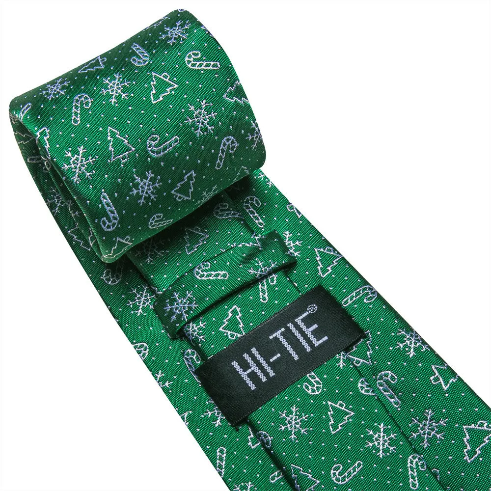 Hi-Tie Christmas Green Snow Designer Tie Pocket Square Cufflinks Set