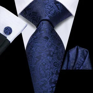 Hi-Tie Dark Cerulean Blue Paisley Silk Mens Tie Handkerchief Cufflinks Set