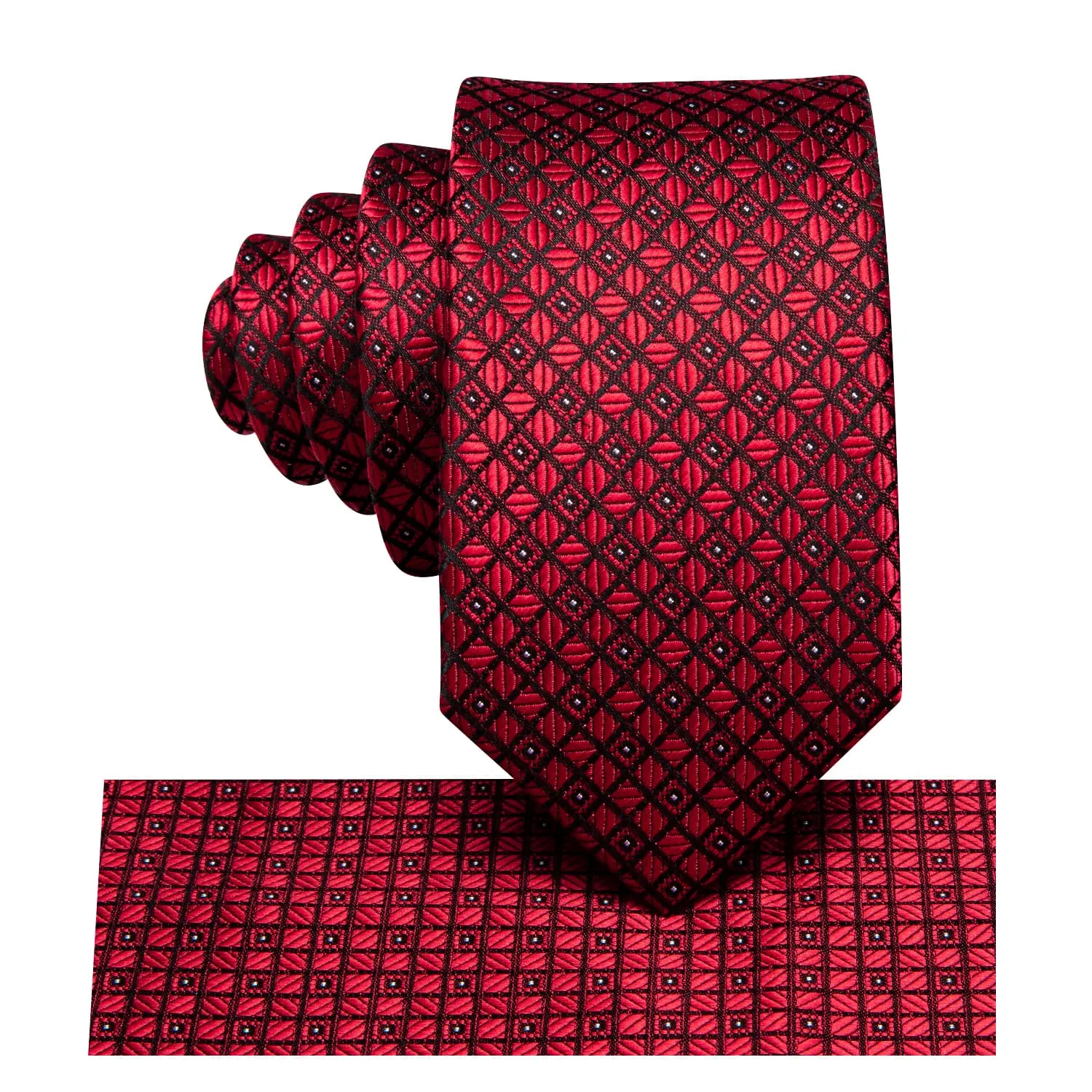 Hi-Tie Dark Red Tie Plaid Mens Red Necktie Handkerchief Cufflinks Set