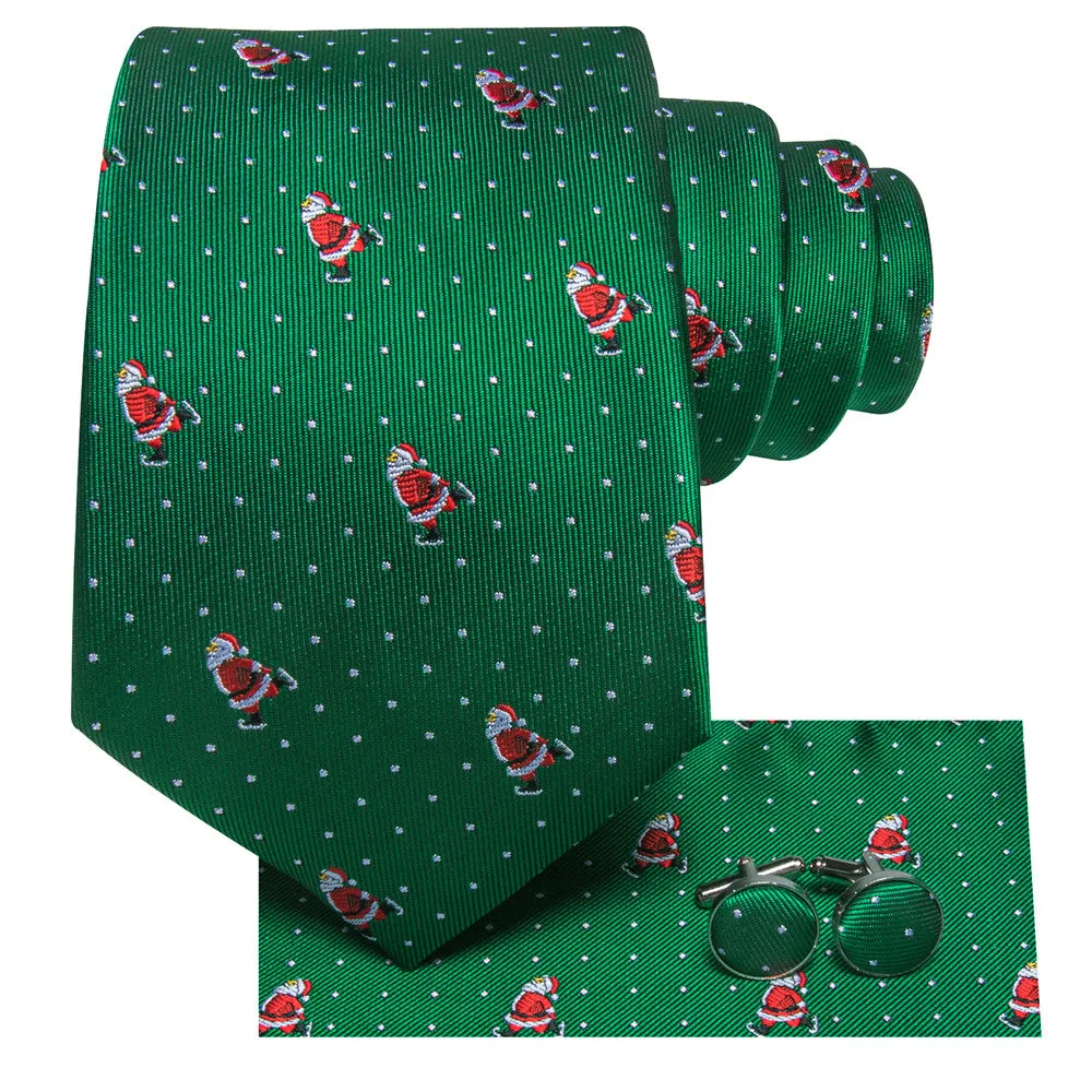 Hi-Tie Green Christmas Necktie White Polka Dots Santa Designer Tie Set