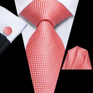 Hi-Tie Light Coral Plaid Silk Men's Necktie Pocket Square Cufflinks Set