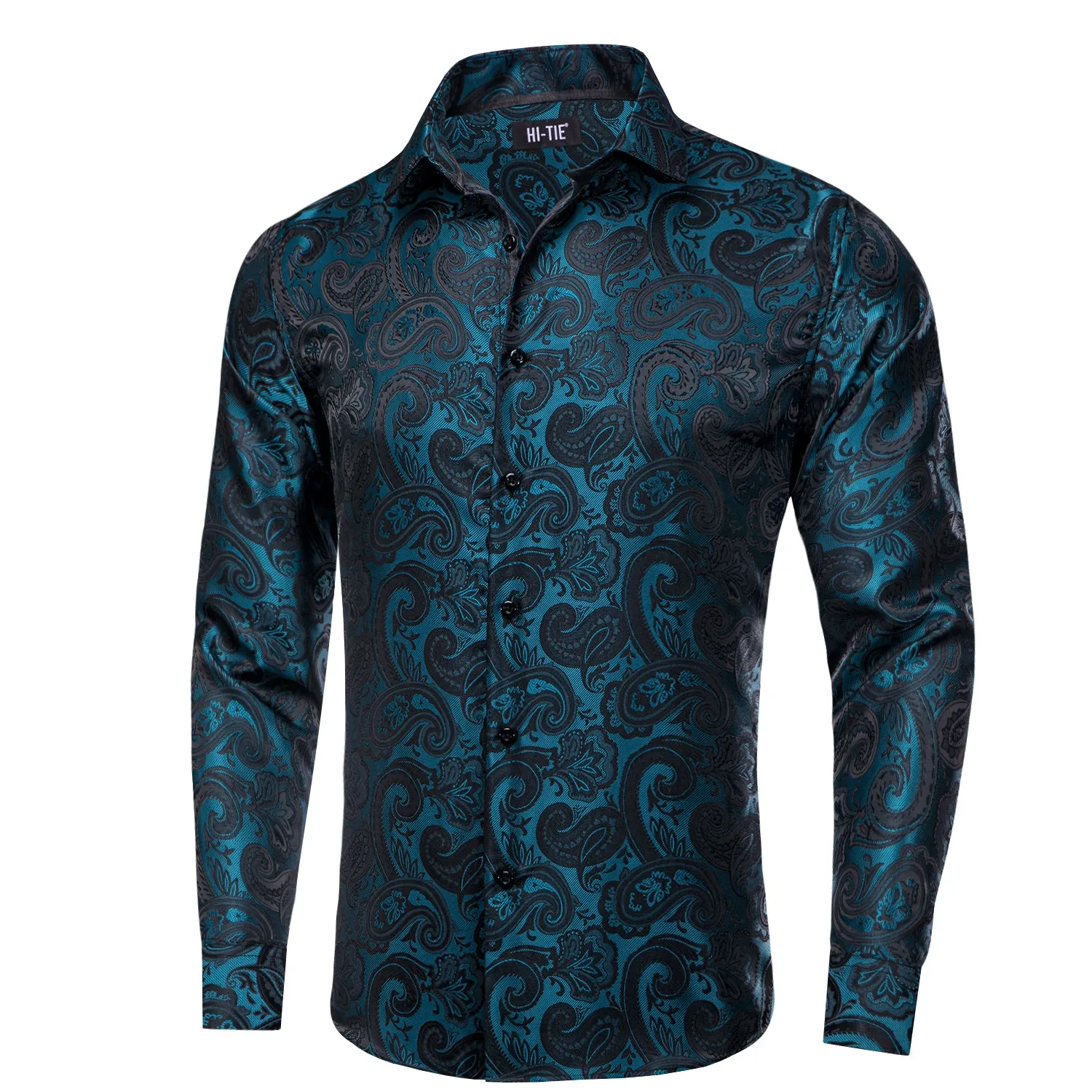 Hi-Tie Long Sleeve Shirt Teal Black Paisley Collar Shirt