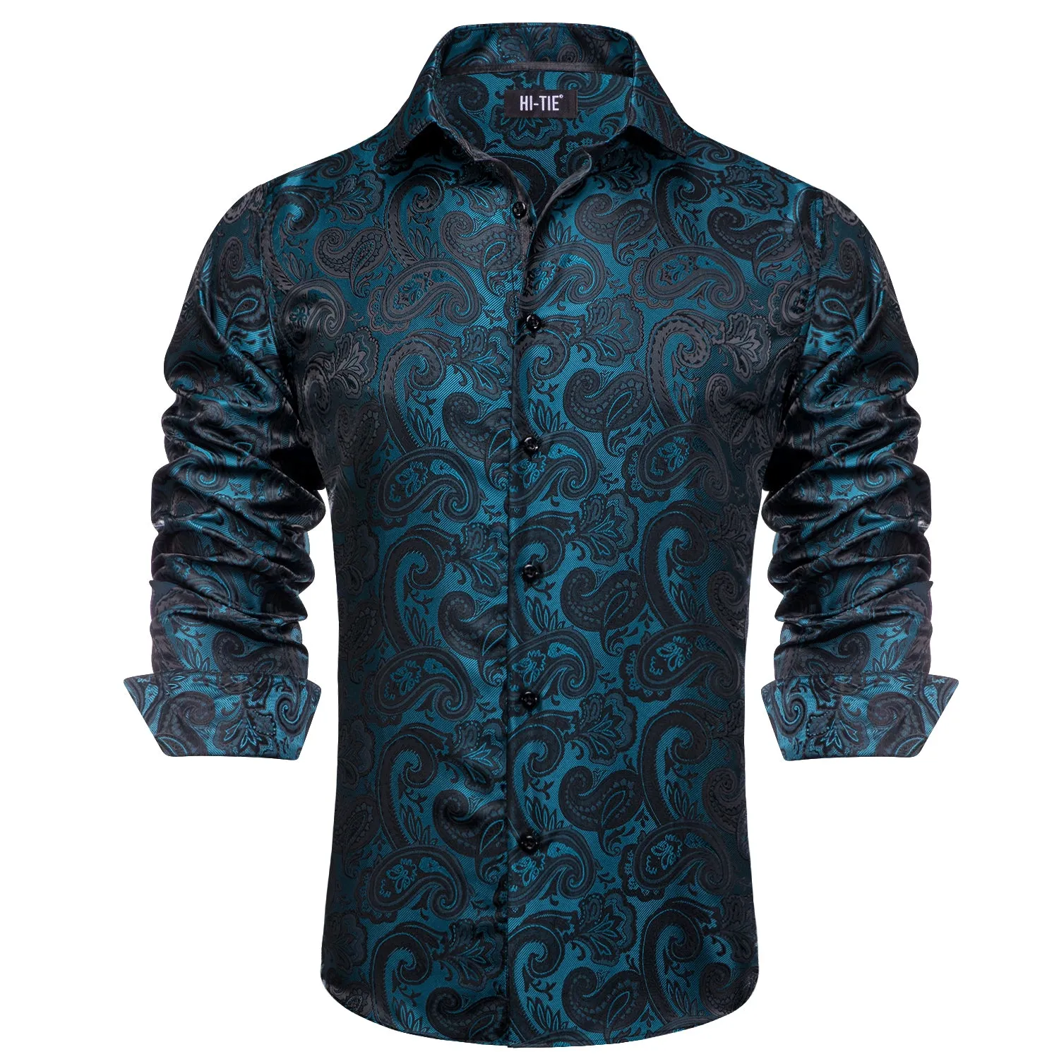 Hi-Tie Long Sleeve Shirt Teal Black Paisley Collar Shirt