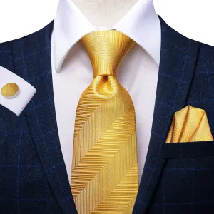 Hi-Tie Men Necktie Yellow Color Striped Tie Handkerchief Cufflinks Set