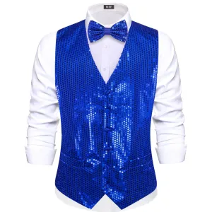 Hi-Tie Mens Sequin Vest Blue Bowtie Waistcoat Set