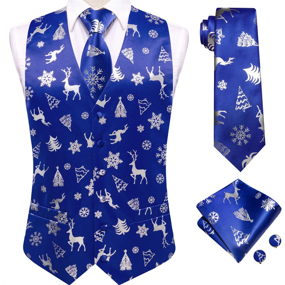 Hi-Tie Mens Waistcoat Blue Silver Christmas Tree Elements Vest Necktie Set