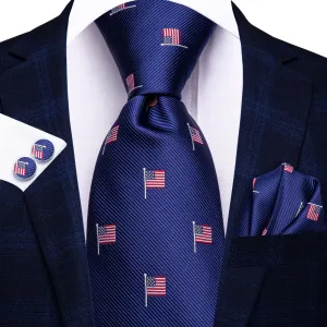 Hi-Tie Navy Blue Tie American Flag Pattern Men's Festival Necktie Set