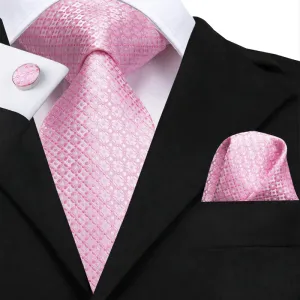 Hi-Tie Novelty Light Pink Plaid Dot Tie Pocket Square Cufflinks Set