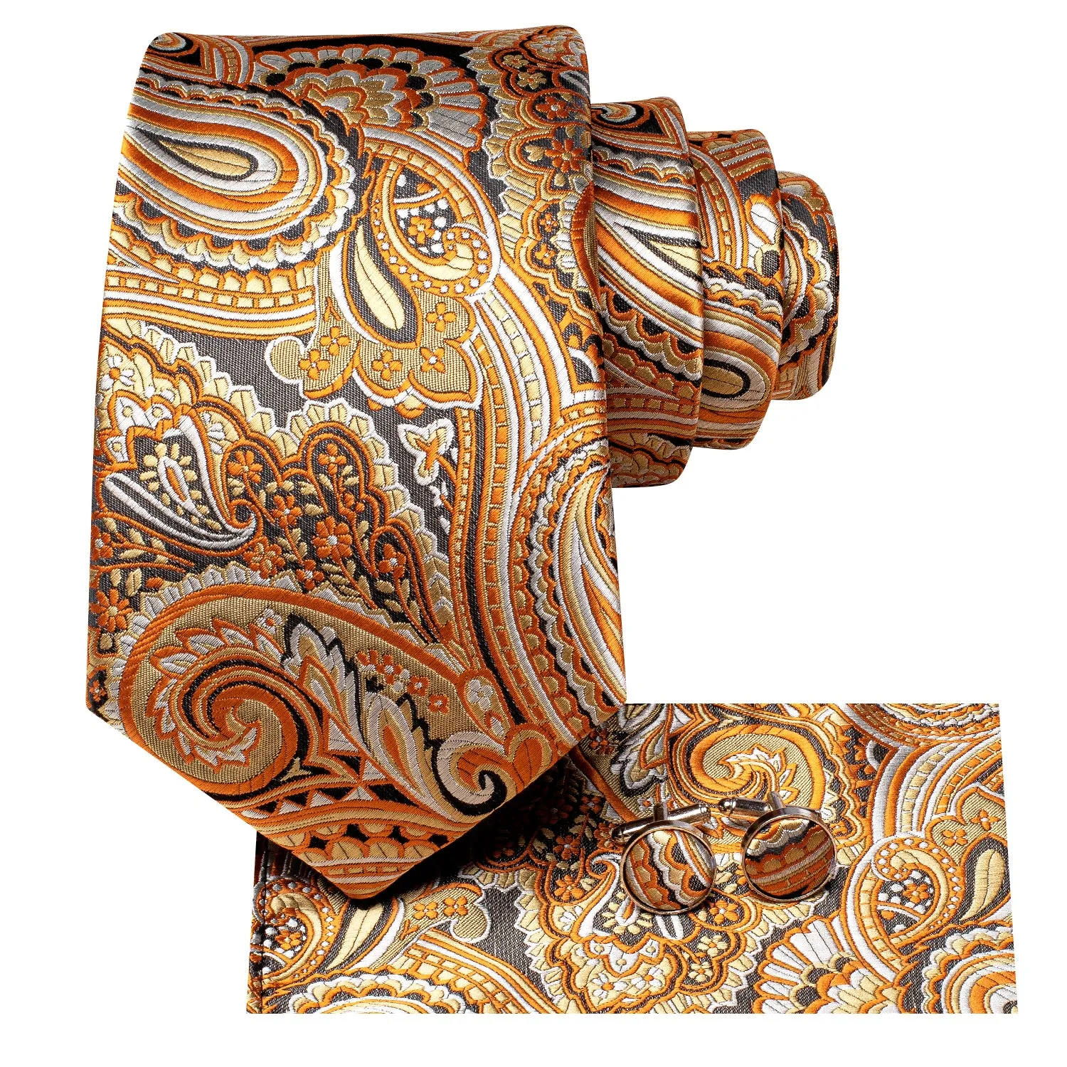 Hi-Tie Orange White Black Paisley Silk Tie Pocket Square Cufflinks Set