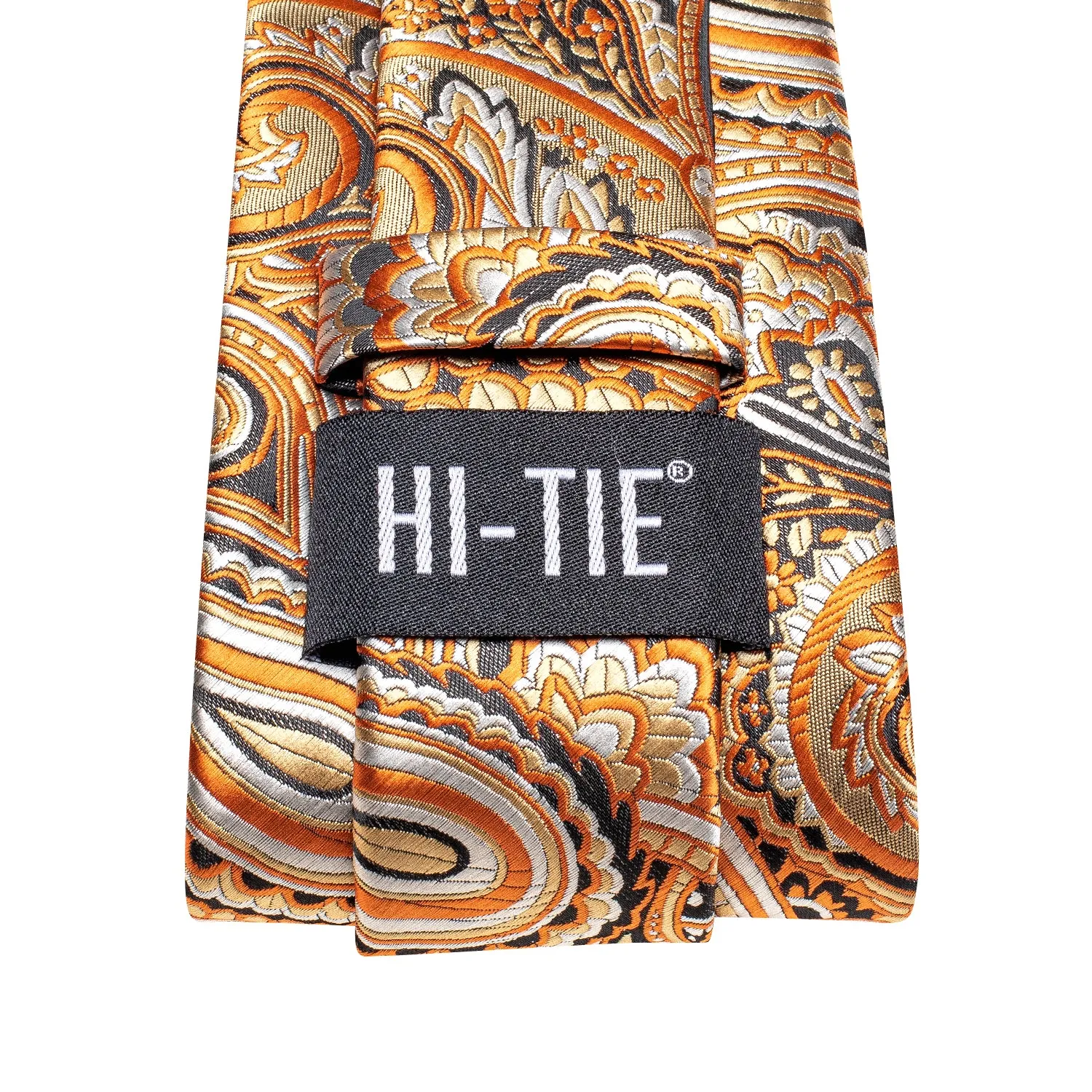 Hi-Tie Orange White Black Paisley Silk Tie Pocket Square Cufflinks Set