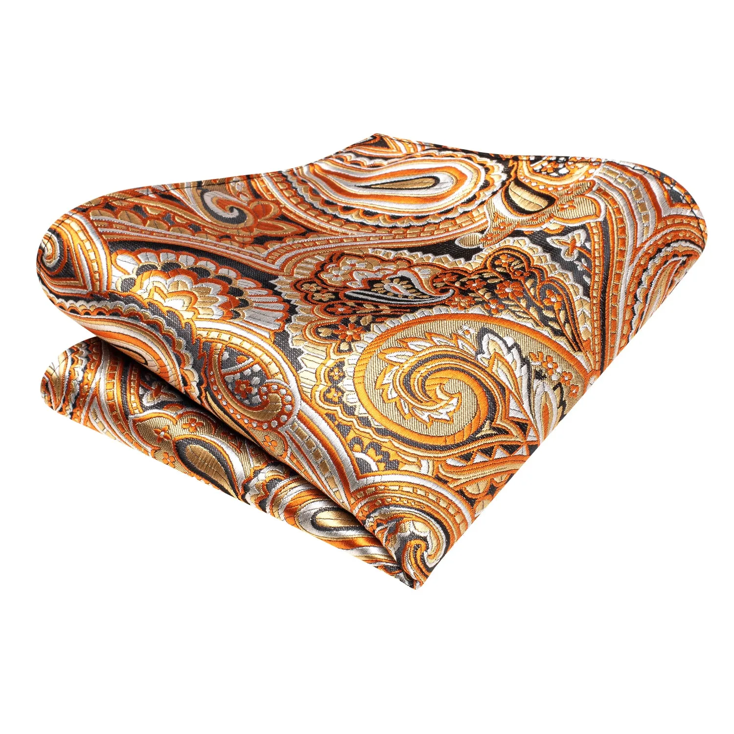 Hi-Tie Orange White Black Paisley Silk Tie Pocket Square Cufflinks Set