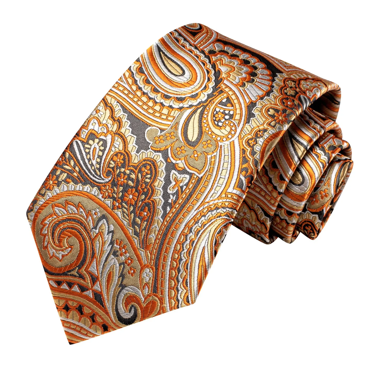 Hi-Tie Orange White Black Paisley Silk Tie Pocket Square Cufflinks Set