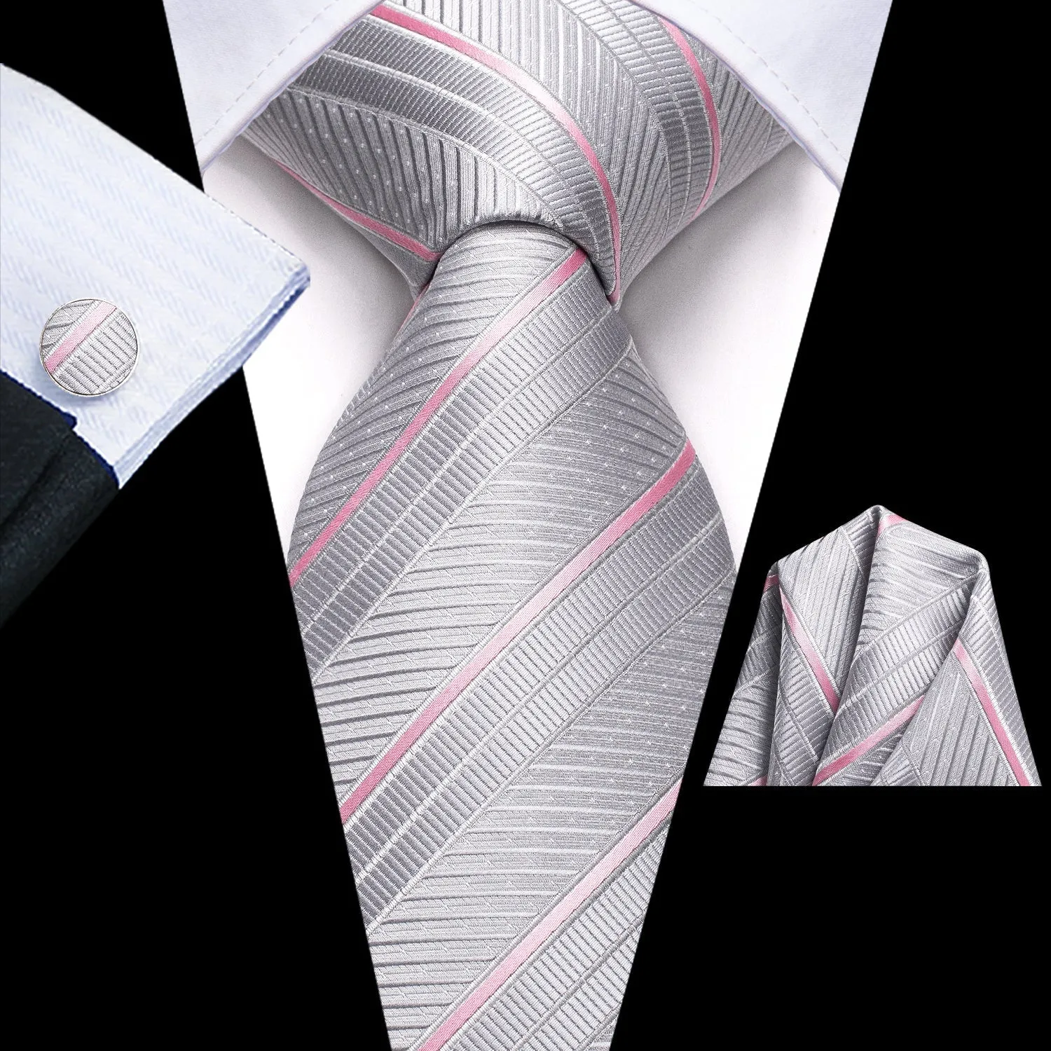 Hi-Tie Silver Pink Strip 67 Inches Extra Long Tie Hanky Cufflinks Set