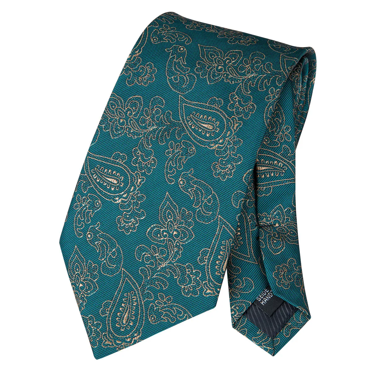 Hi-Tie Teal Green Tie Gold LIne floral Tie Pocket Square Cufflinks Set