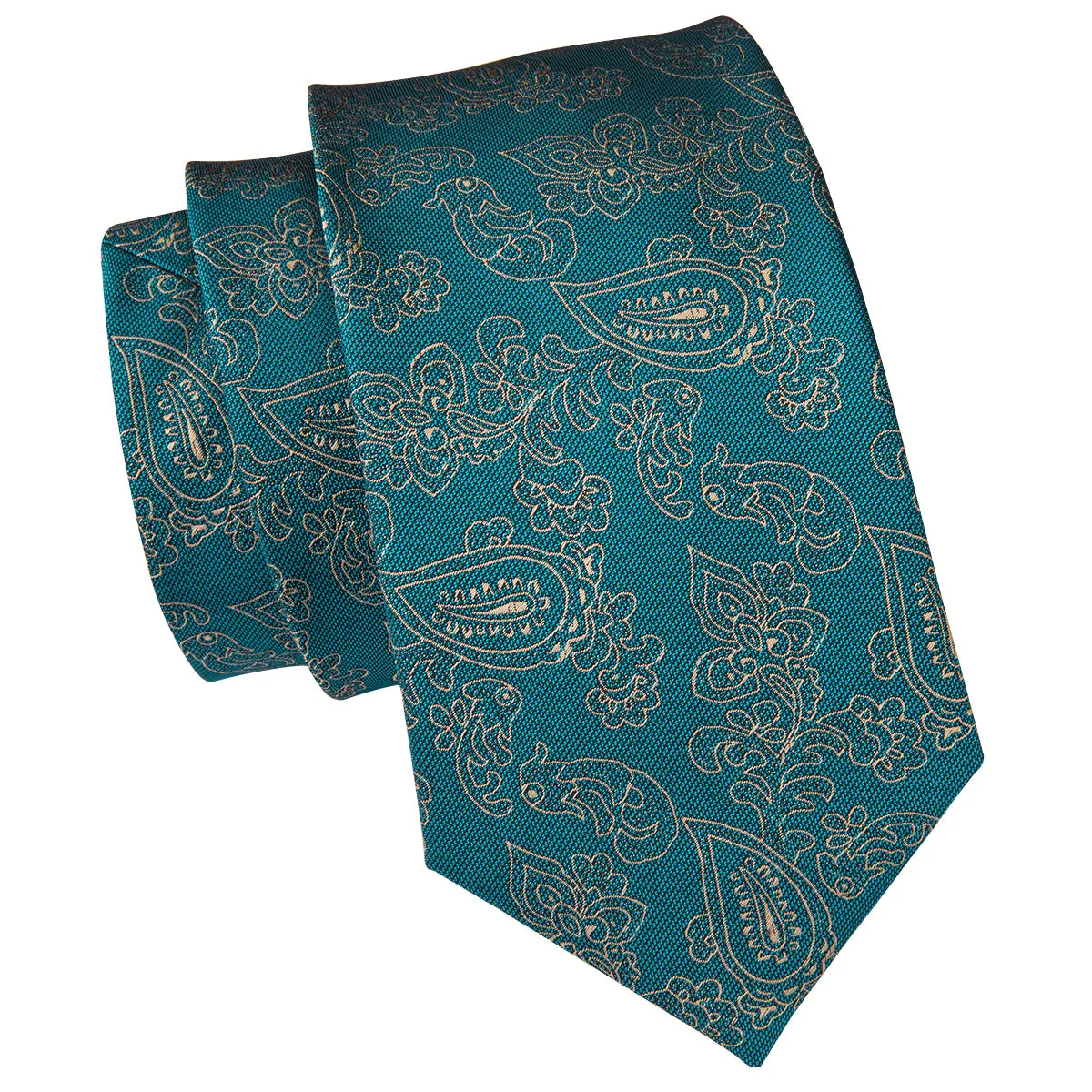 Hi-Tie Teal Green Tie Gold LIne floral Tie Pocket Square Cufflinks Set