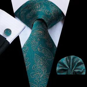 Hi-Tie Teal Green Tie Gold LIne floral Tie Pocket Square Cufflinks Set