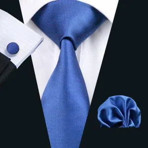 Hi-Tie Tufts Blue Necktie Plaid Tie Handkerchief Cufflinks Set for Men