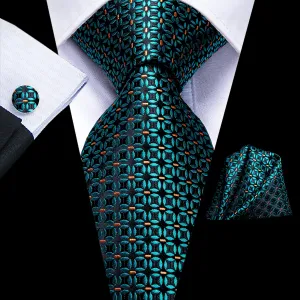 Hi-Tie Turquoise Green Tie Polka Dot Tie Pocket Square Cufflinks Set