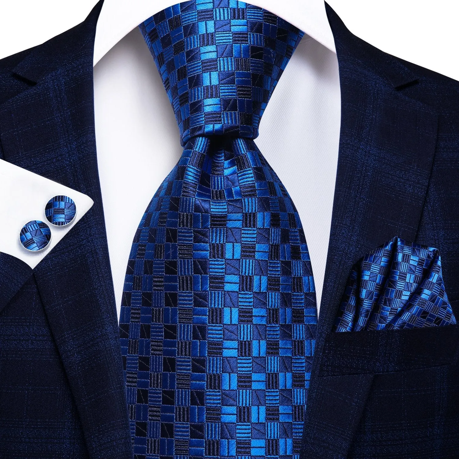 Luxury Blue Paisley Plaid Tie Pocket Square Cufflinks Gift Box Set