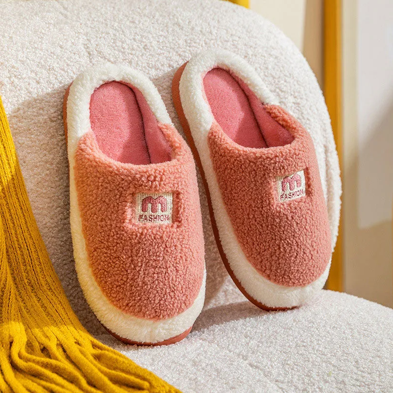 New home cotton slippers for winter home couples cute thick-soled fur slippers non-slip silent warm confinement shoes