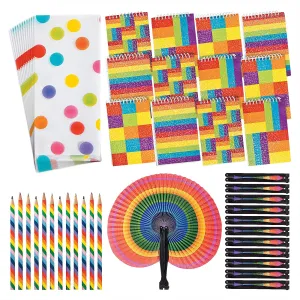 Rainbow Party Favors - Rainbow Dot Goody Bags, Glitter Notepads, Paper Fans, and Striped Pencils for 12 Guests