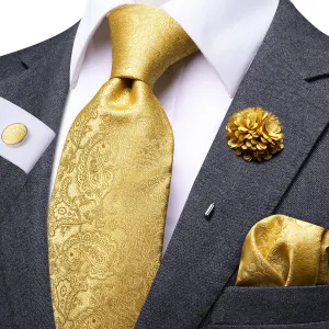 Royal Yellow Paisley Tie Pocket Square Cufflinks Set with Brooch