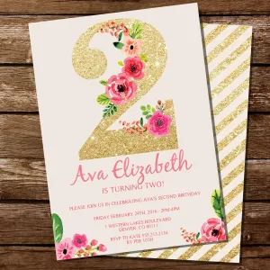 Second Birthday Party Invitation For A Girl | Gold Glitter Floral Watercolor