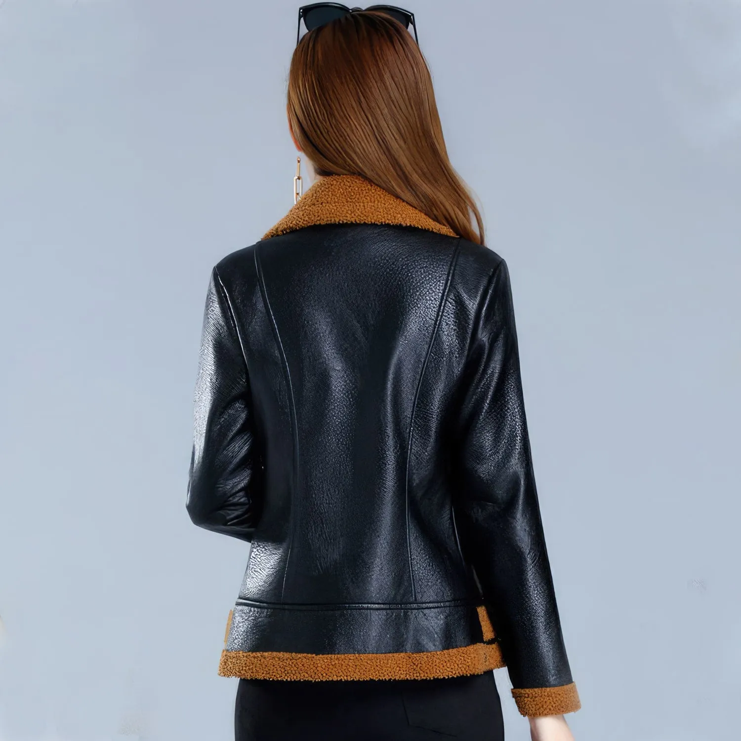 Women’s Black Bomber Genuine Sheepskin Sherpa Shearling Faux Fur Lined Winter Warm Fashion Chic Slim Fit Leather Jacket