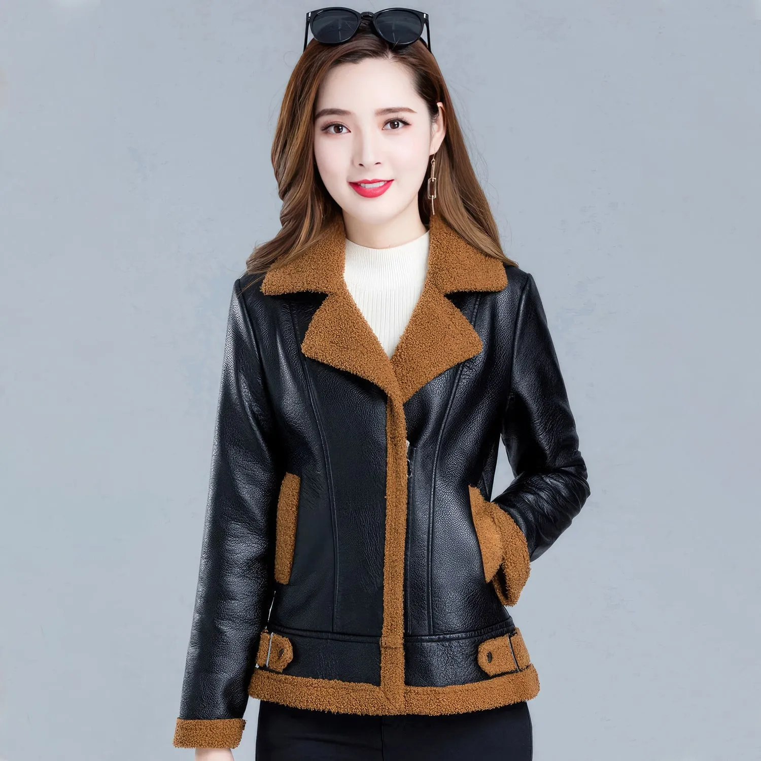 Women’s Black Bomber Genuine Sheepskin Sherpa Shearling Faux Fur Lined Winter Warm Fashion Chic Slim Fit Leather Jacket