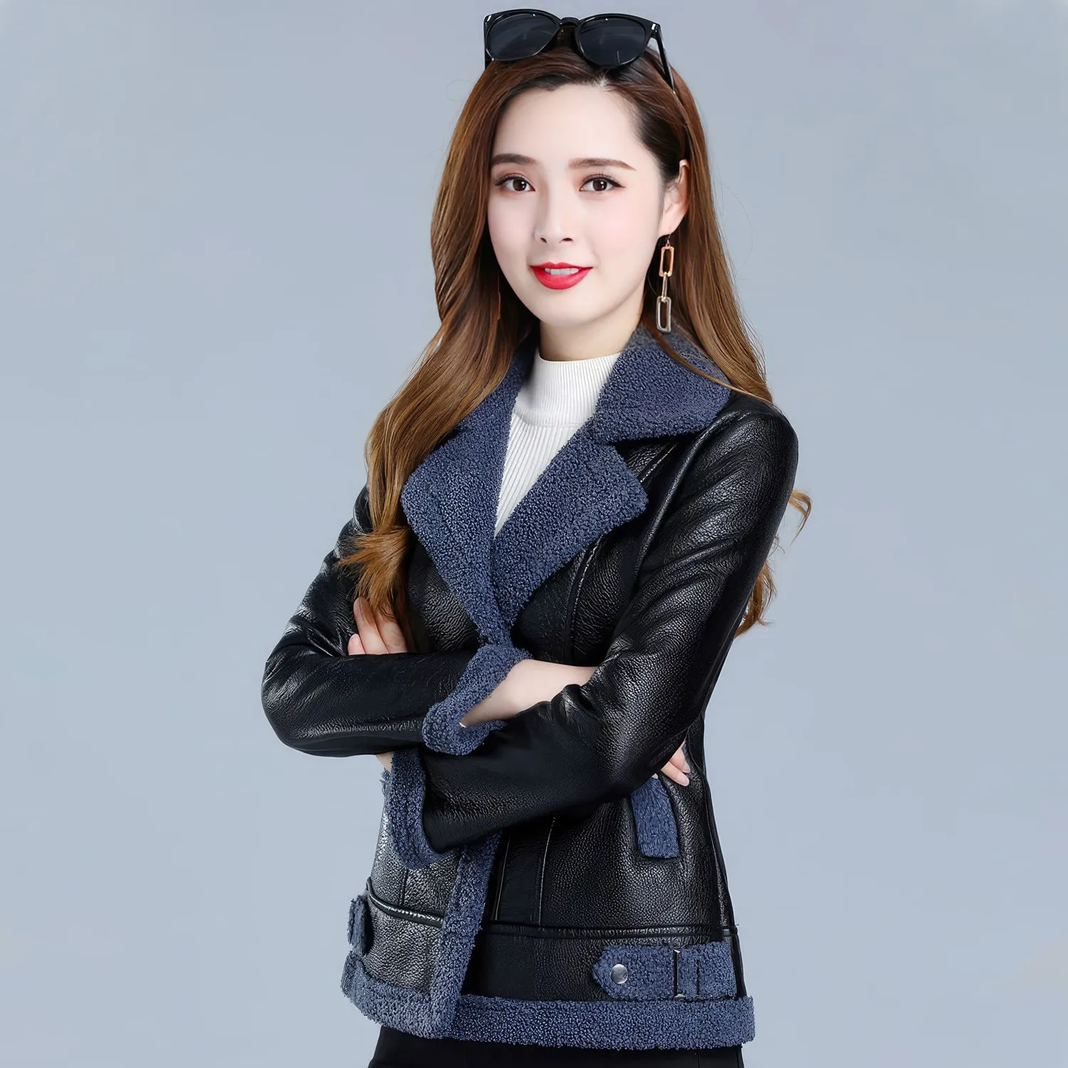 Women’s Black Bomber Genuine Sheepskin Sherpa Shearling Faux Fur Lined Winter Warm Fashion Chic Slim Fit Leather Jacket