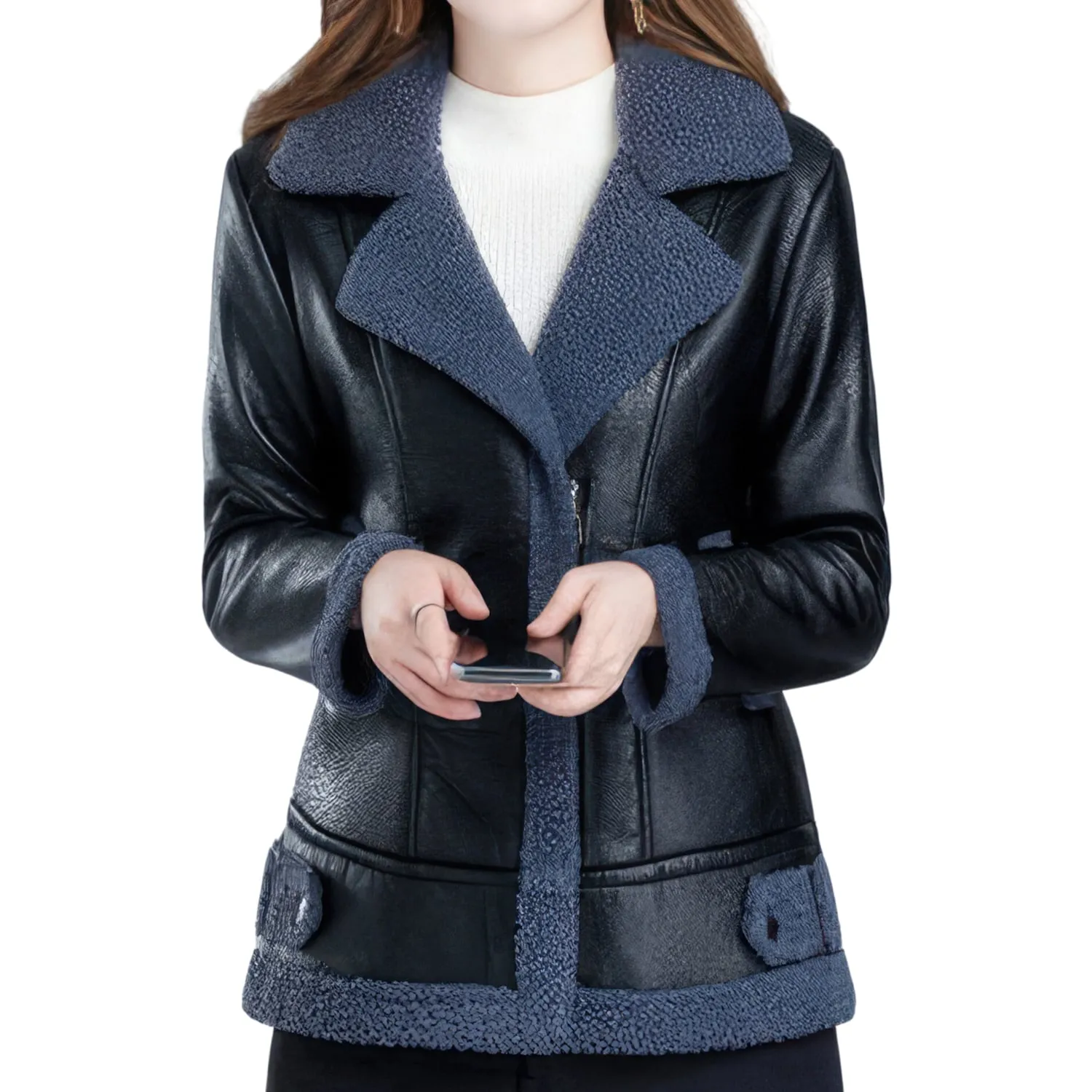 Women’s Black Bomber Genuine Sheepskin Sherpa Shearling Faux Fur Lined Winter Warm Fashion Chic Slim Fit Leather Jacket